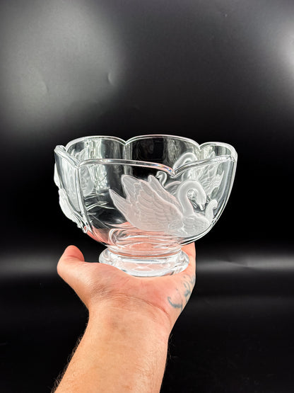Clear Glass Footed Bowl with Frosted Swan Motifs and Scalloped Rim, Romantic Decorative Candy Dish