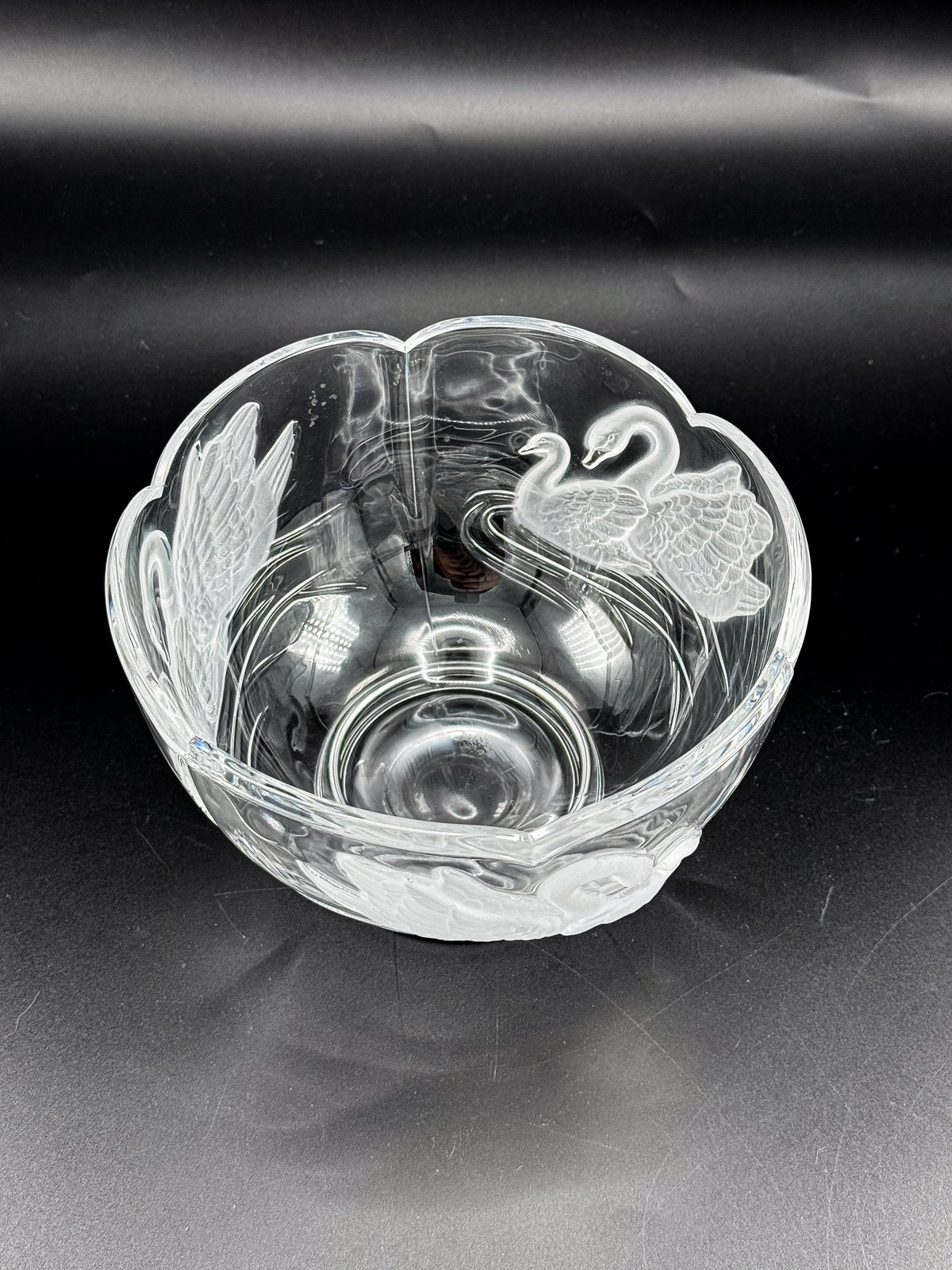 Clear Glass Footed Bowl with Frosted Swan Motifs and Scalloped Rim, Romantic Decorative Candy Dish
