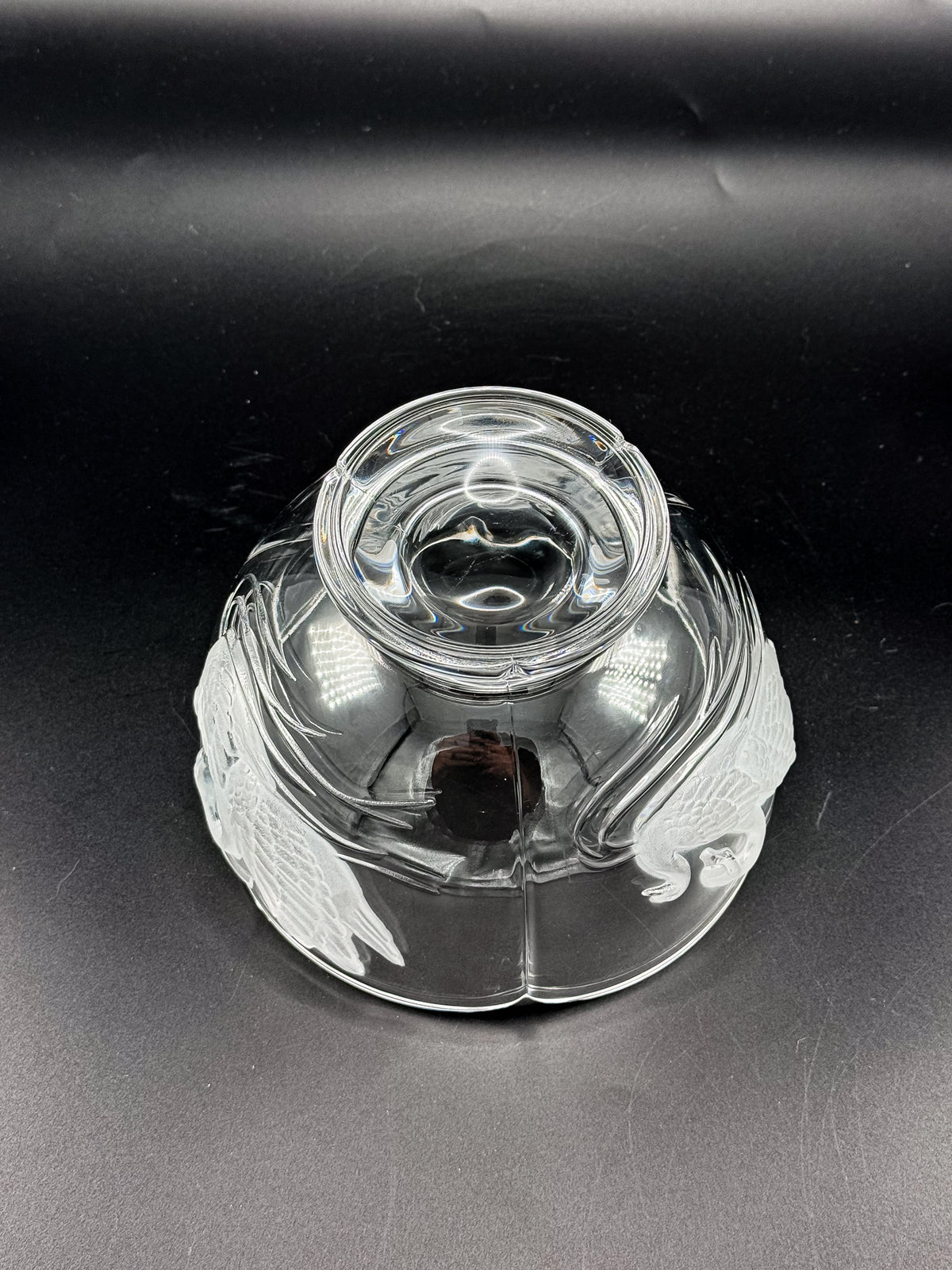 Clear Glass Footed Bowl with Frosted Swan Motifs and Scalloped Rim, Romantic Decorative Candy Dish