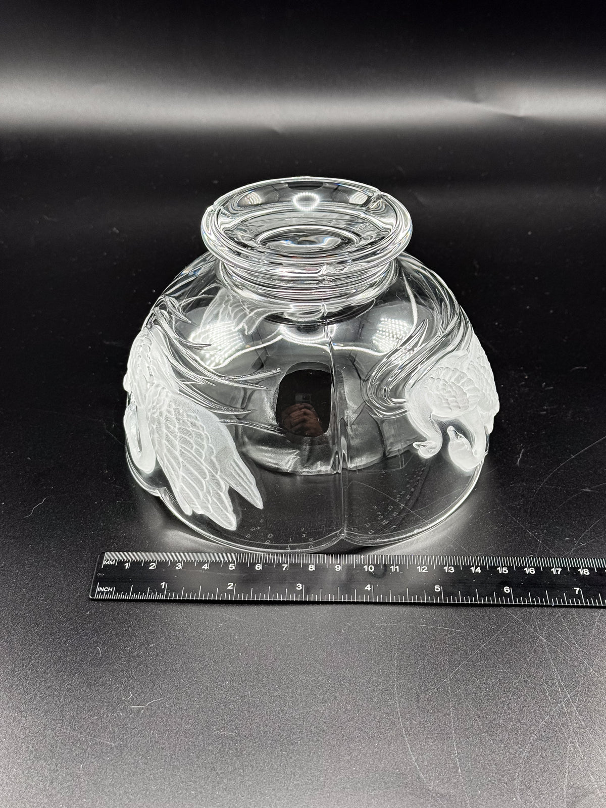 Clear Glass Footed Bowl with Frosted Swan Motifs and Scalloped Rim, Romantic Decorative Candy Dish