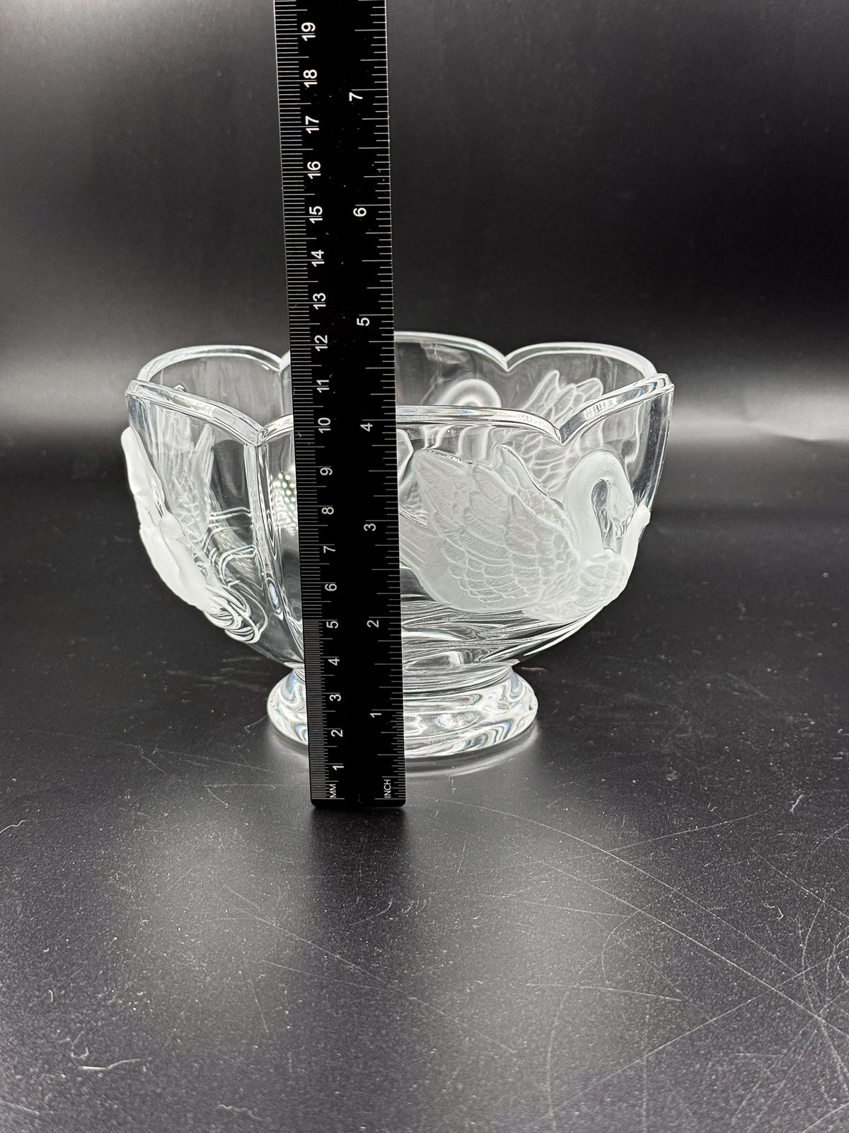 Clear Glass Footed Bowl with Frosted Swan Motifs and Scalloped Rim, Romantic Decorative Candy Dish