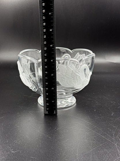 Clear Glass Footed Bowl with Frosted Swan Motifs and Scalloped Rim, Romantic Decorative Candy Dish
