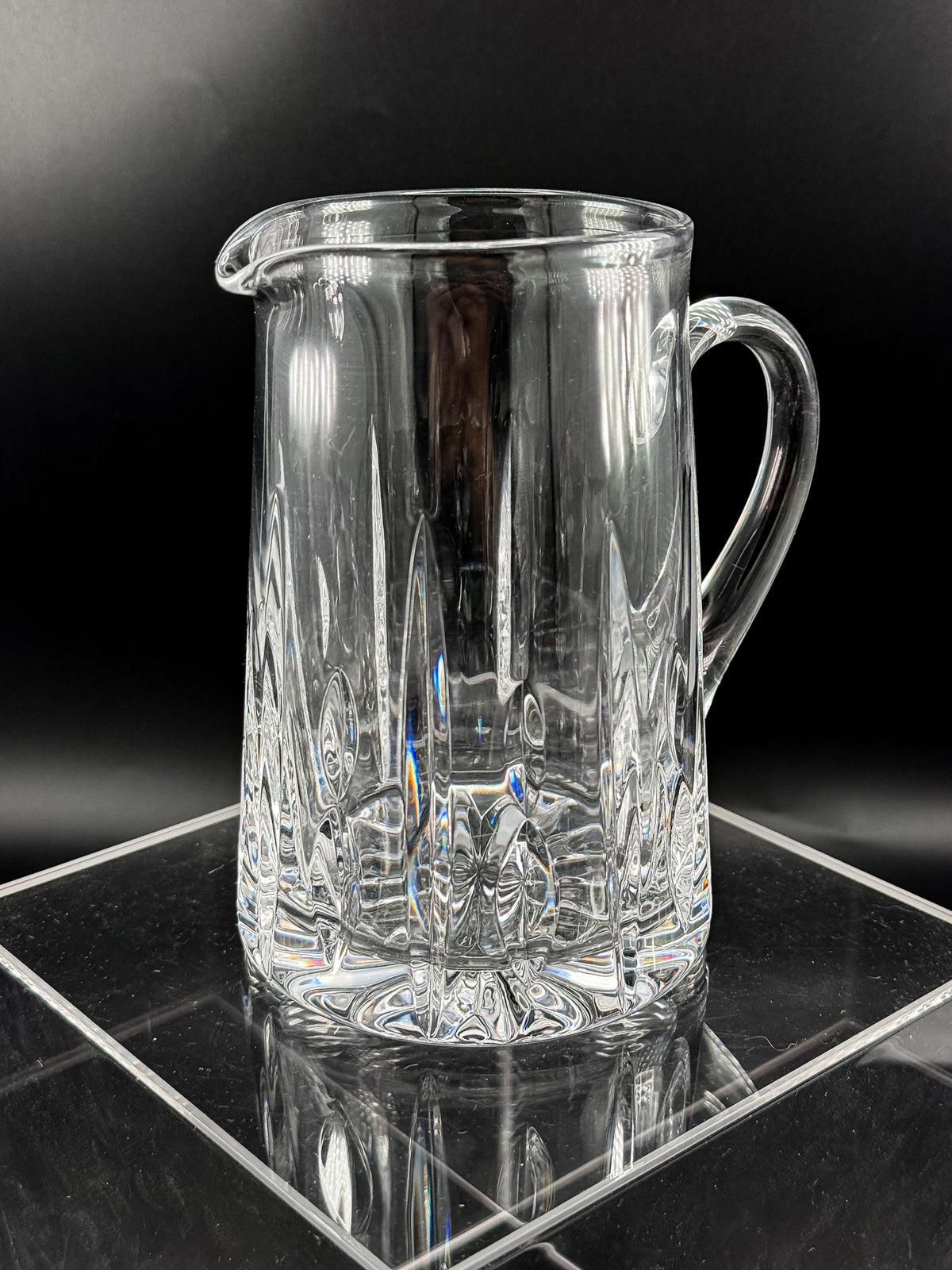 Atlantis Lisbon Cut Glass Pitcher, 20 Oz, with Vertical Facets, Starburst Base and Curved Handle