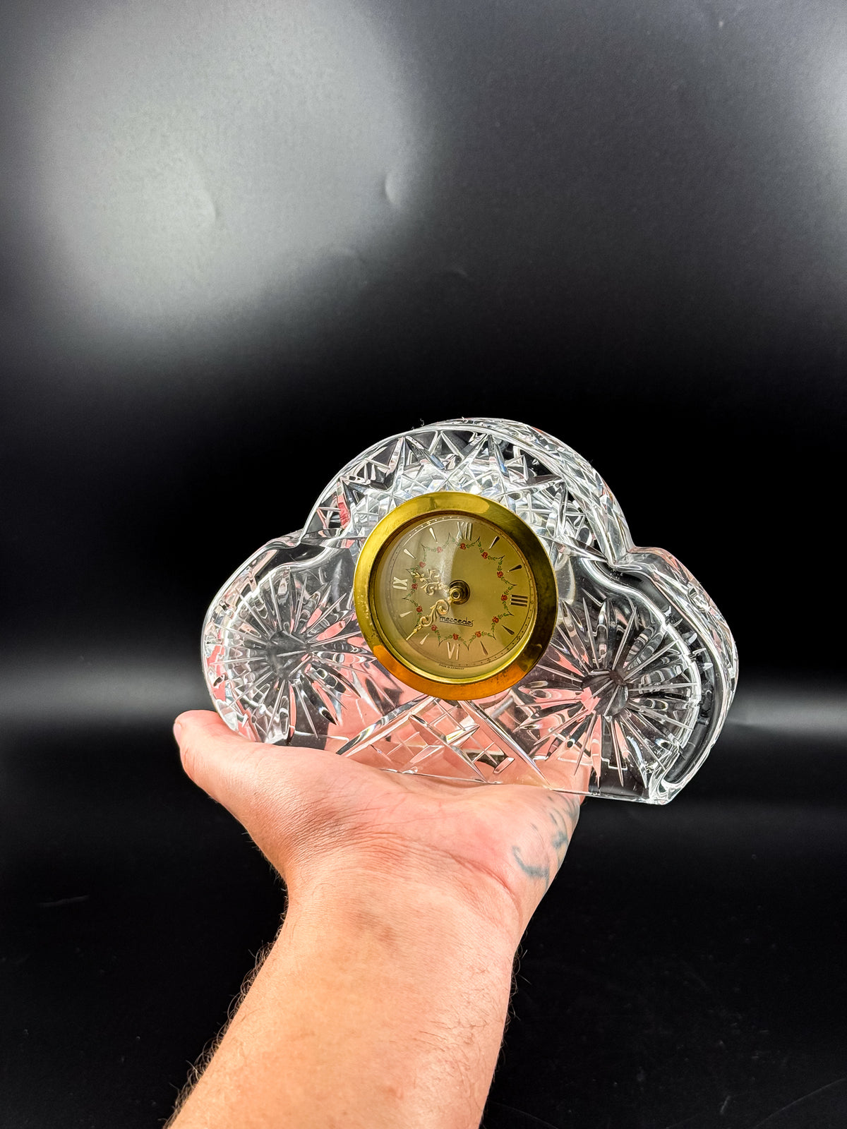 Vintage Mercedes West German Crystal Mantel Clock with Starburst Design, Appears Non-Working