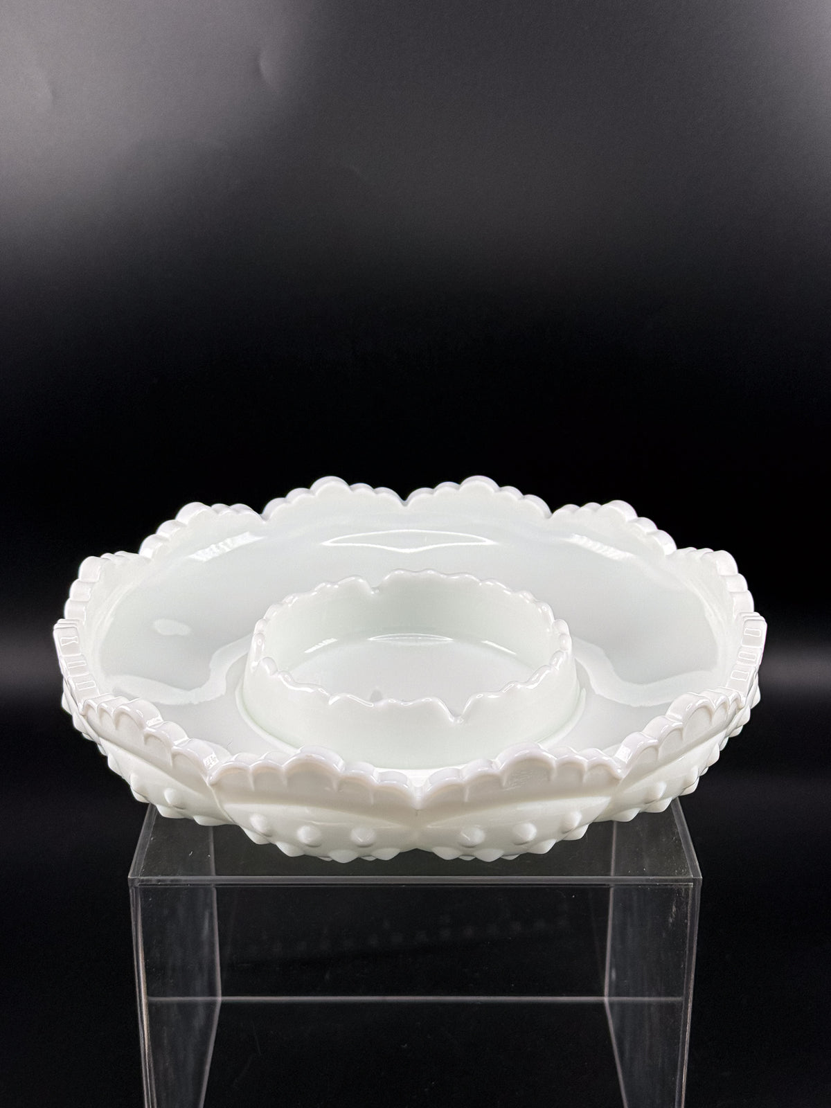 Vintage Fenton Hobnail Milk Glass Ashtray, Chip and Dip Dish or Catchall with Scalloped Rim
