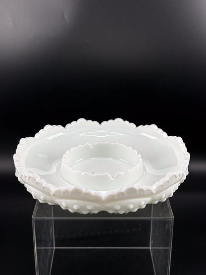 Vintage Fenton Hobnail Milk Glass Ashtray, Chip and Dip Dish or Catchall with Scalloped Rim