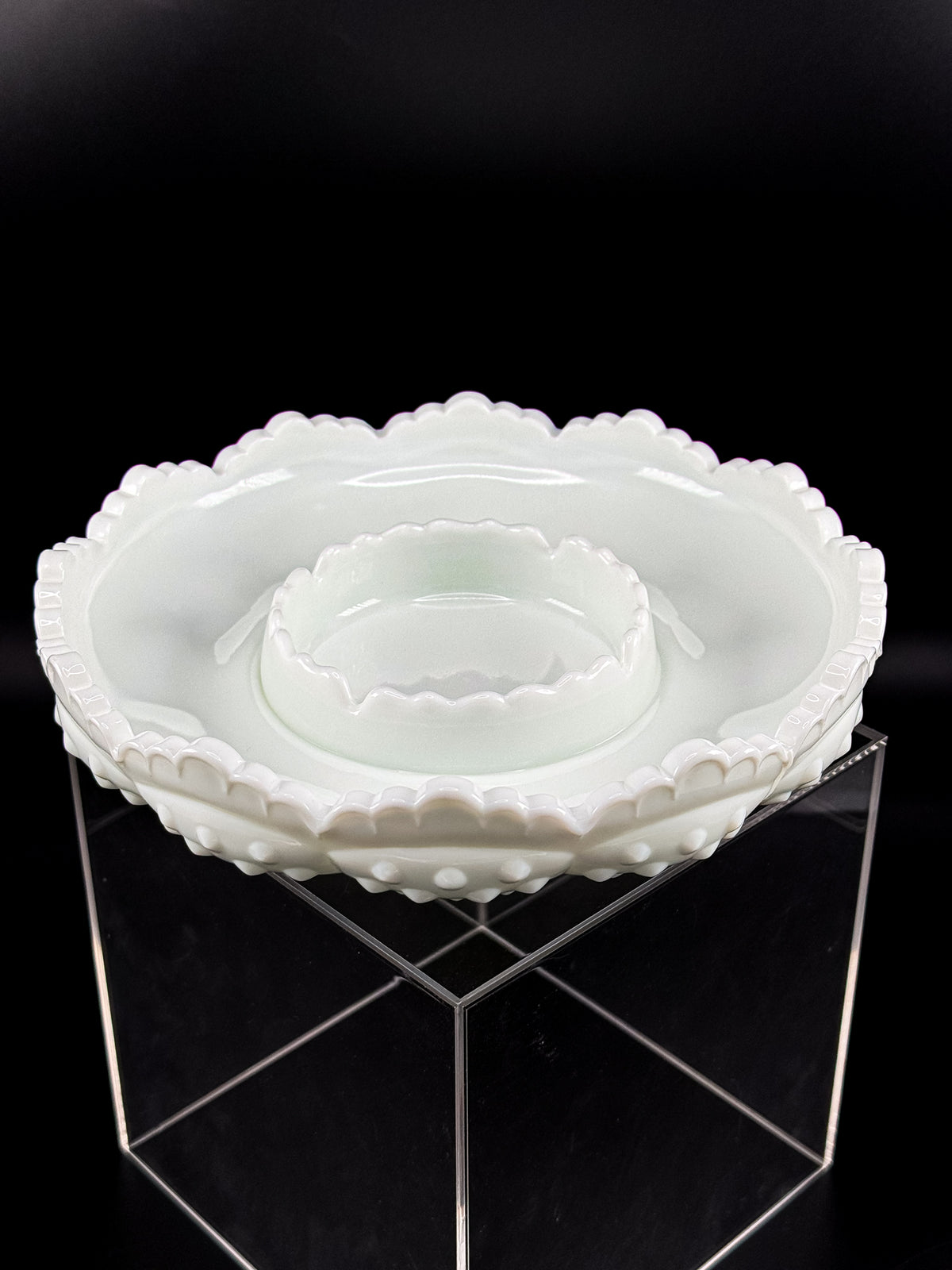 Vintage Fenton Hobnail Milk Glass Ashtray, Chip and Dip Dish or Catchall with Scalloped Rim