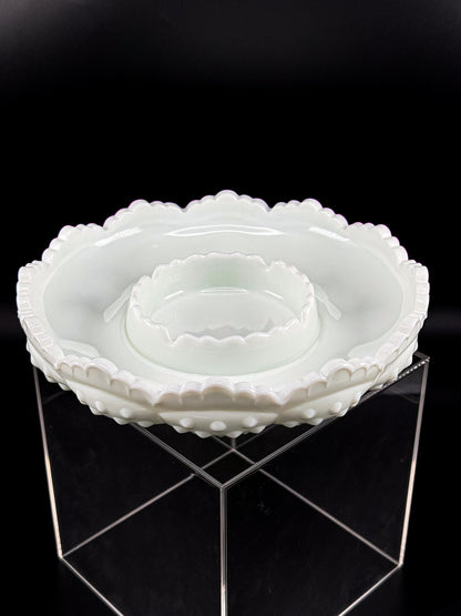 Vintage Fenton Hobnail Milk Glass Ashtray, Chip and Dip Dish or Catchall with Scalloped Rim