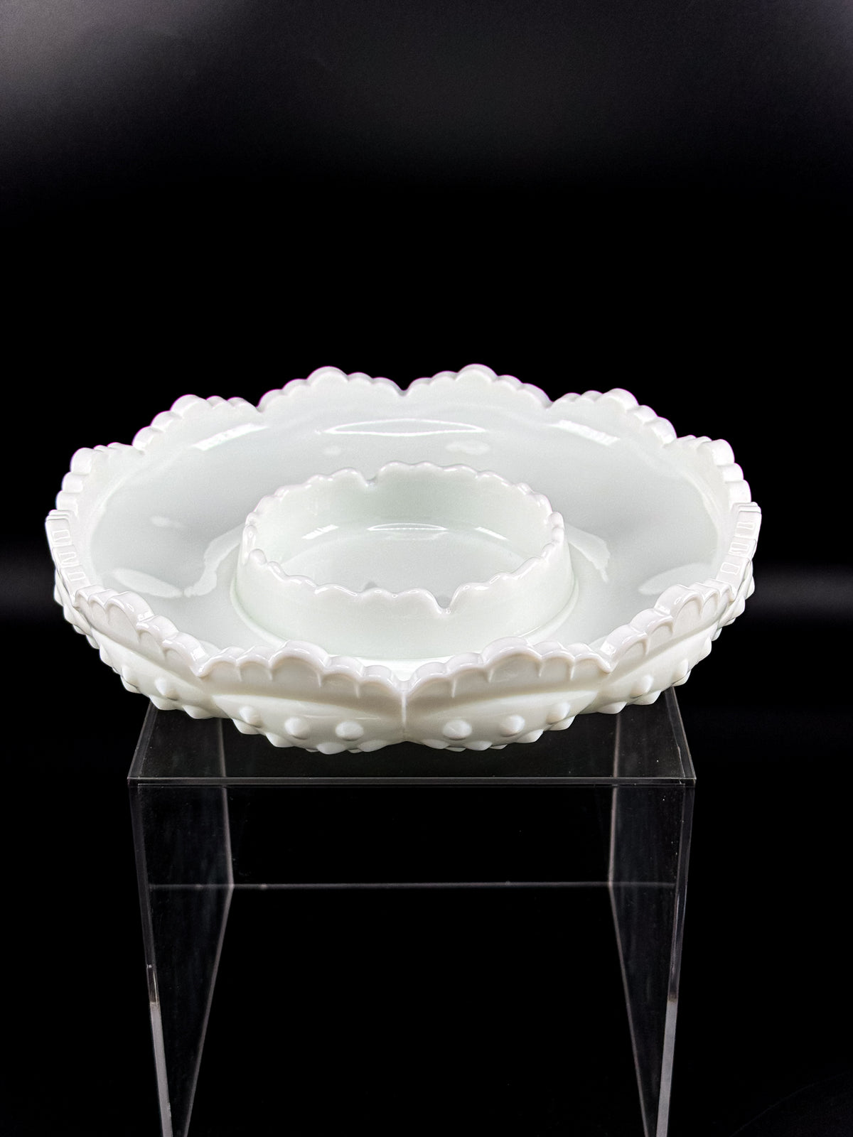 Vintage Fenton Hobnail Milk Glass Ashtray, Chip and Dip Dish or Catchall with Scalloped Rim