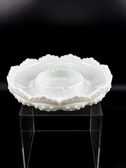 Vintage Fenton Hobnail Milk Glass Ashtray, Chip and Dip Dish or Catchall with Scalloped Rim
