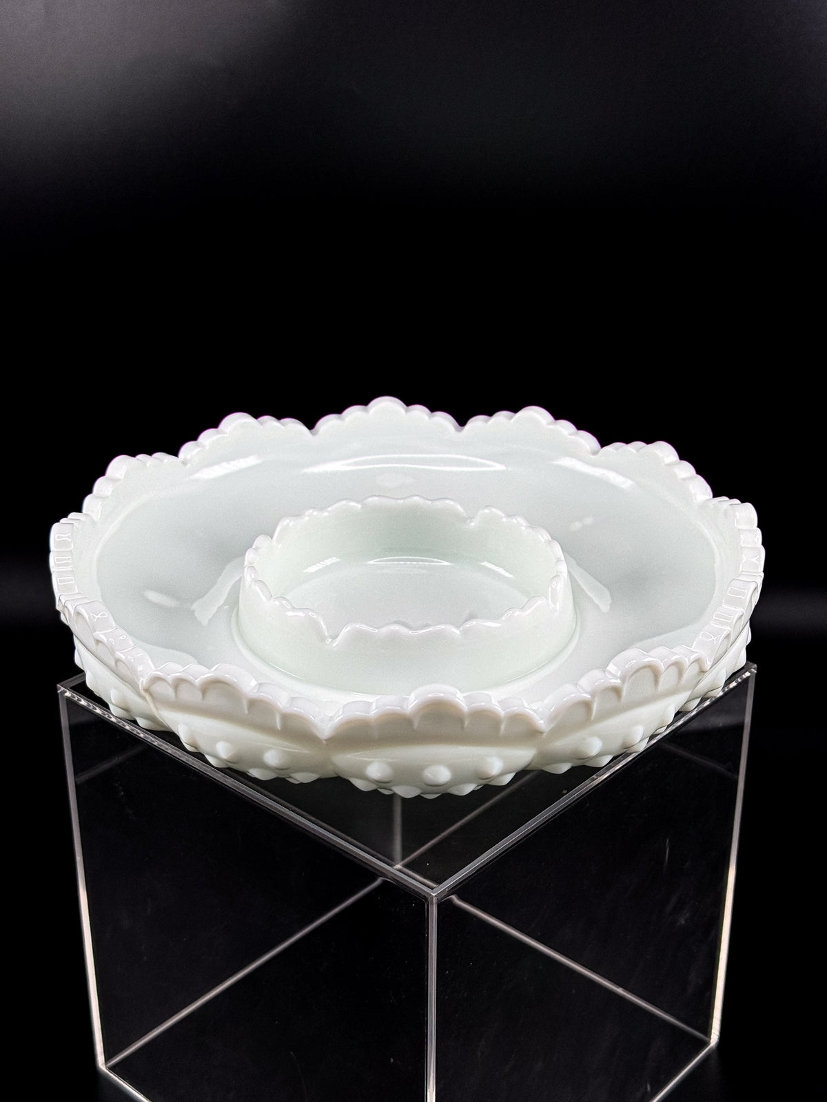 Vintage Fenton Hobnail Milk Glass Ashtray, Chip and Dip Dish or Catchall with Scalloped Rim