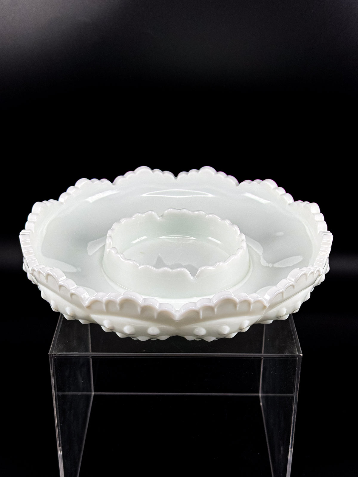 Vintage Fenton Hobnail Milk Glass Ashtray, Chip and Dip Dish or Catchall with Scalloped Rim