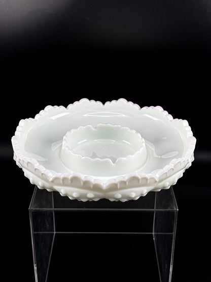 Vintage Fenton Hobnail Milk Glass Ashtray, Chip and Dip Dish or Catchall with Scalloped Rim
