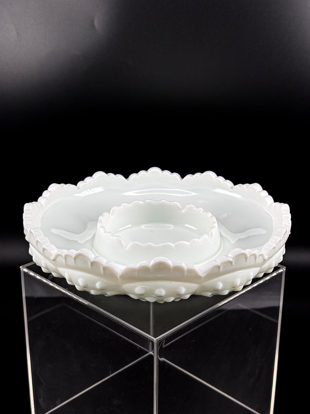 Vintage Fenton Hobnail Milk Glass Ashtray, Chip and Dip Dish or Catchall with Scalloped Rim