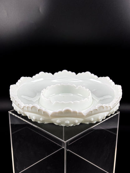 Vintage Fenton Hobnail Milk Glass Ashtray, Chip and Dip Dish or Catchall with Scalloped Rim