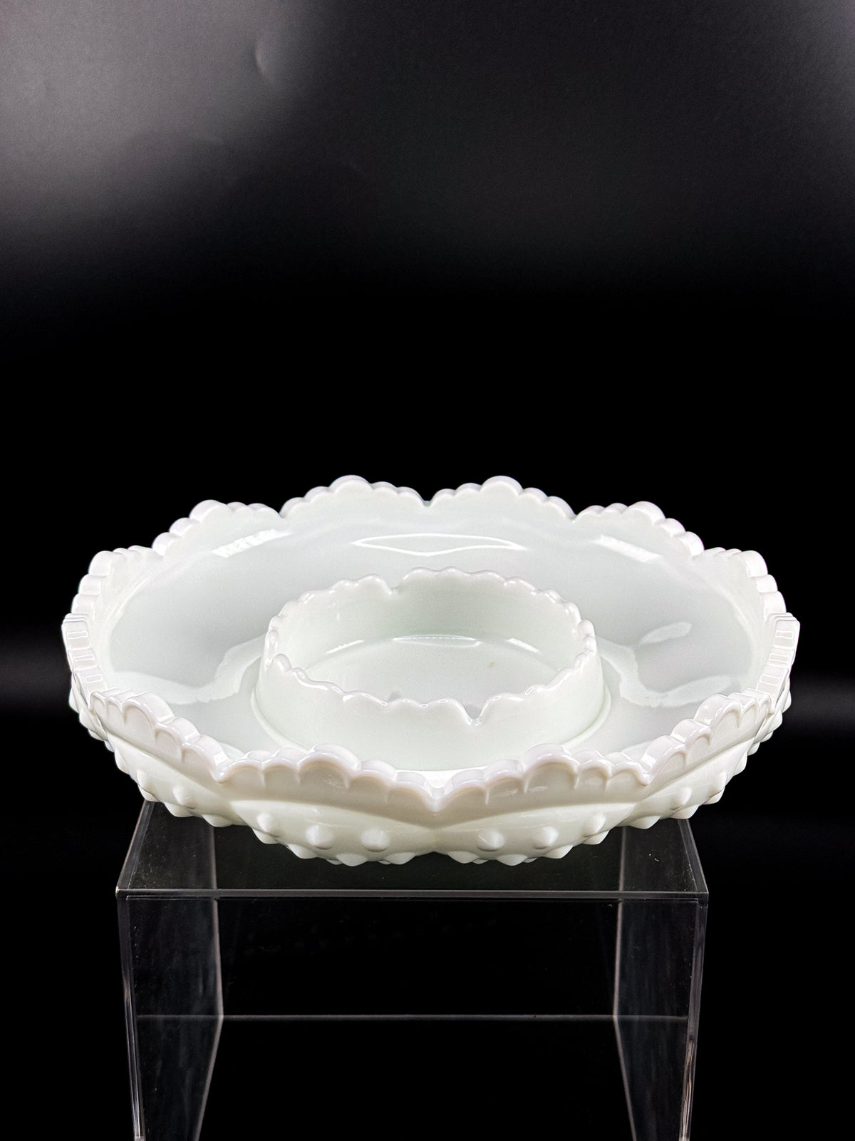 Vintage Fenton Hobnail Milk Glass Ashtray, Chip and Dip Dish or Catchall with Scalloped Rim