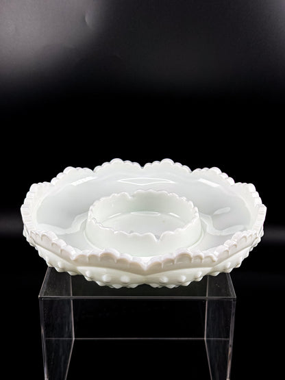 Vintage Fenton Hobnail Milk Glass Ashtray, Chip and Dip Dish or Catchall with Scalloped Rim