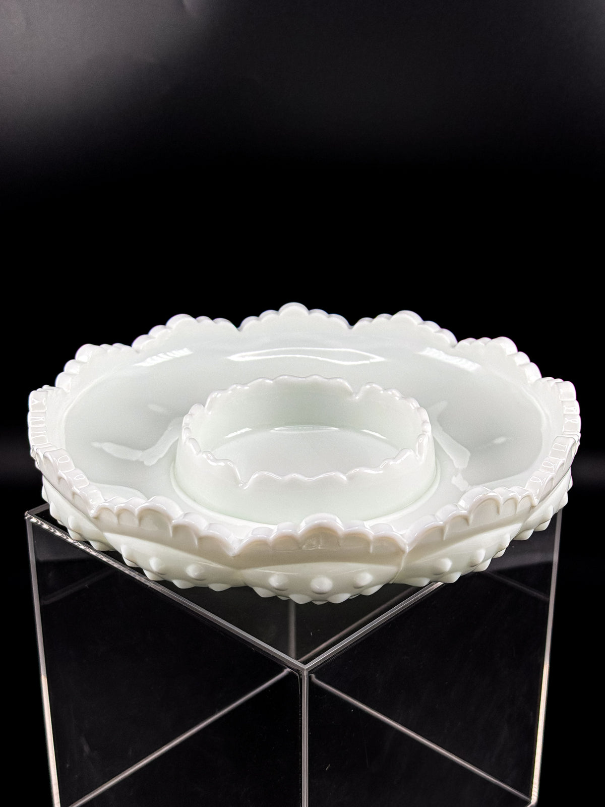 Vintage Fenton Hobnail Milk Glass Ashtray, Chip and Dip Dish or Catchall with Scalloped Rim