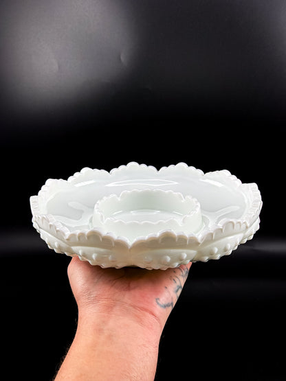 Vintage Fenton Hobnail Milk Glass Ashtray, Chip and Dip Dish or Catchall with Scalloped Rim