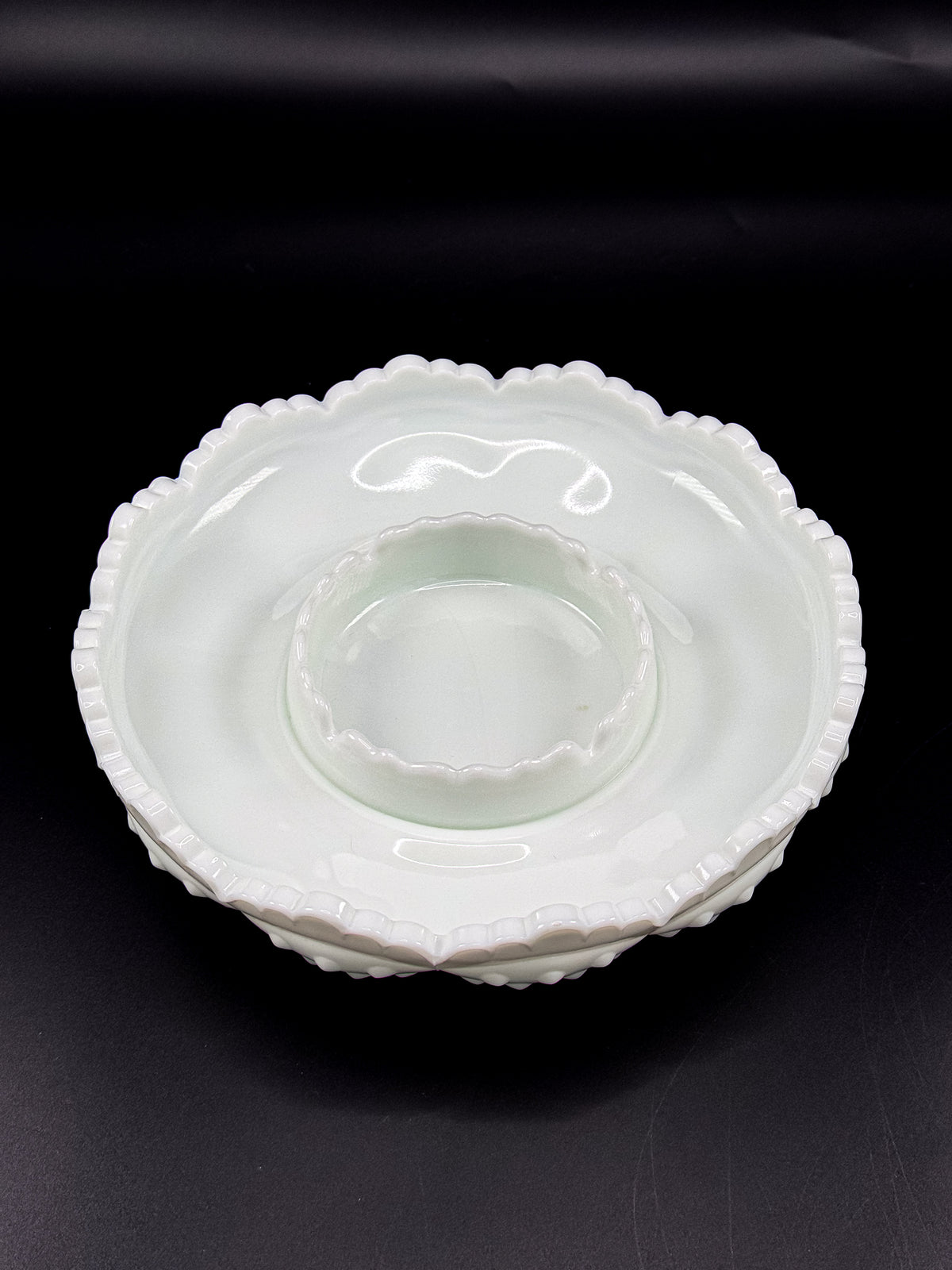 Vintage Fenton Hobnail Milk Glass Ashtray, Chip and Dip Dish or Catchall with Scalloped Rim