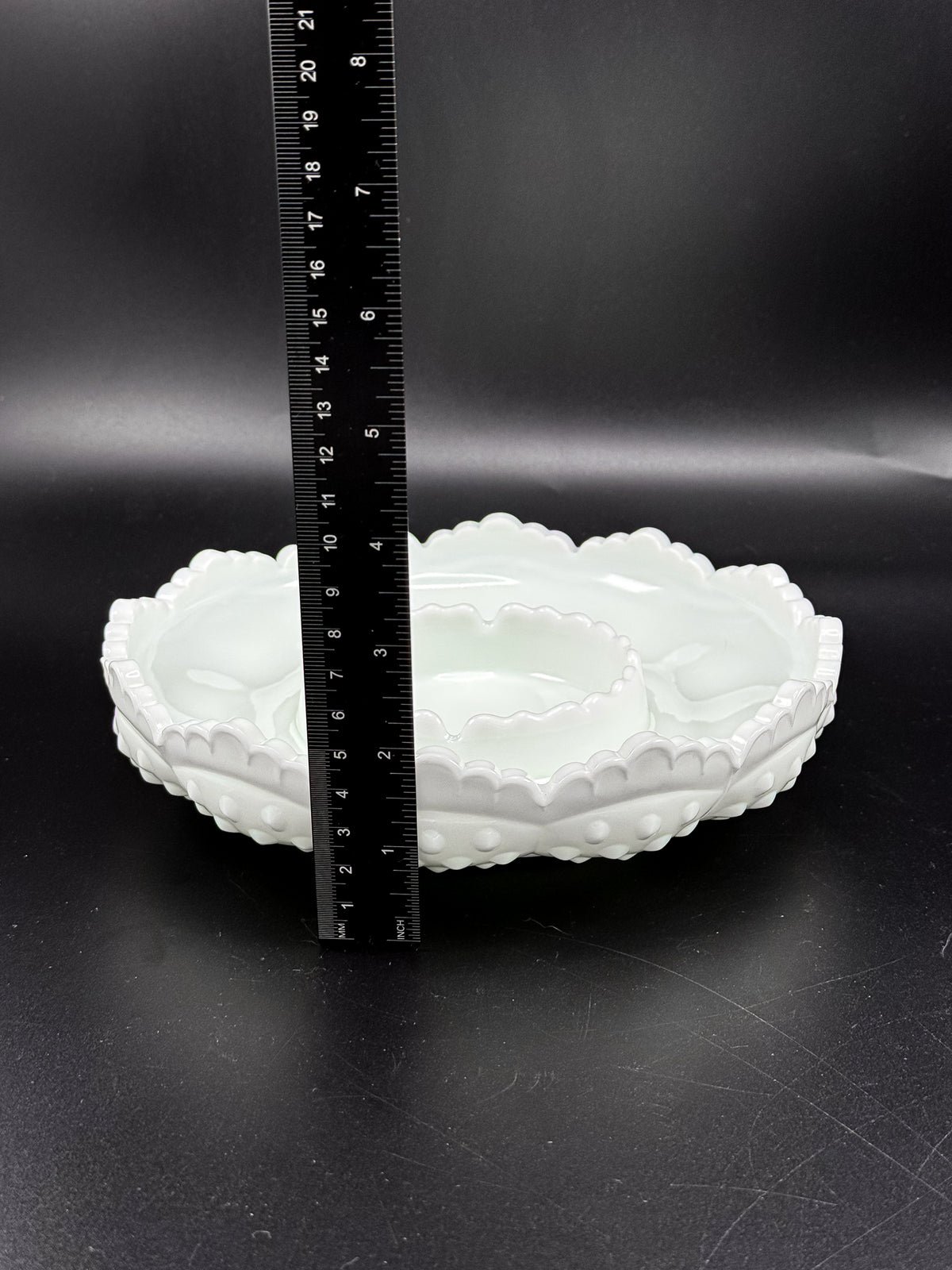 Vintage Fenton Hobnail Milk Glass Ashtray, Chip and Dip Dish or Catchall with Scalloped Rim
