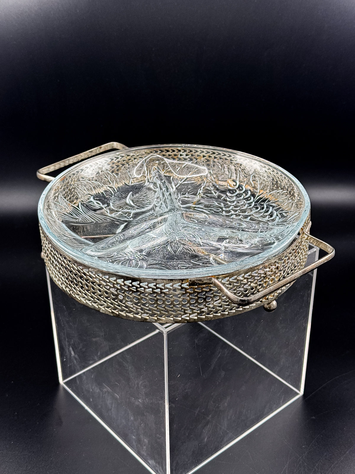 Three-Compartment Glass Relish Dish with Removable Insert and Possibly Silver-Plated Footed Holder with Handles