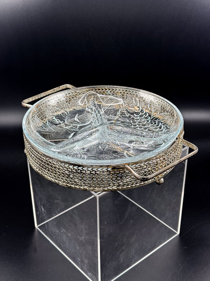 Three-Compartment Glass Relish Dish with Removable Insert and Possibly Silver-Plated Footed Holder with Handles
