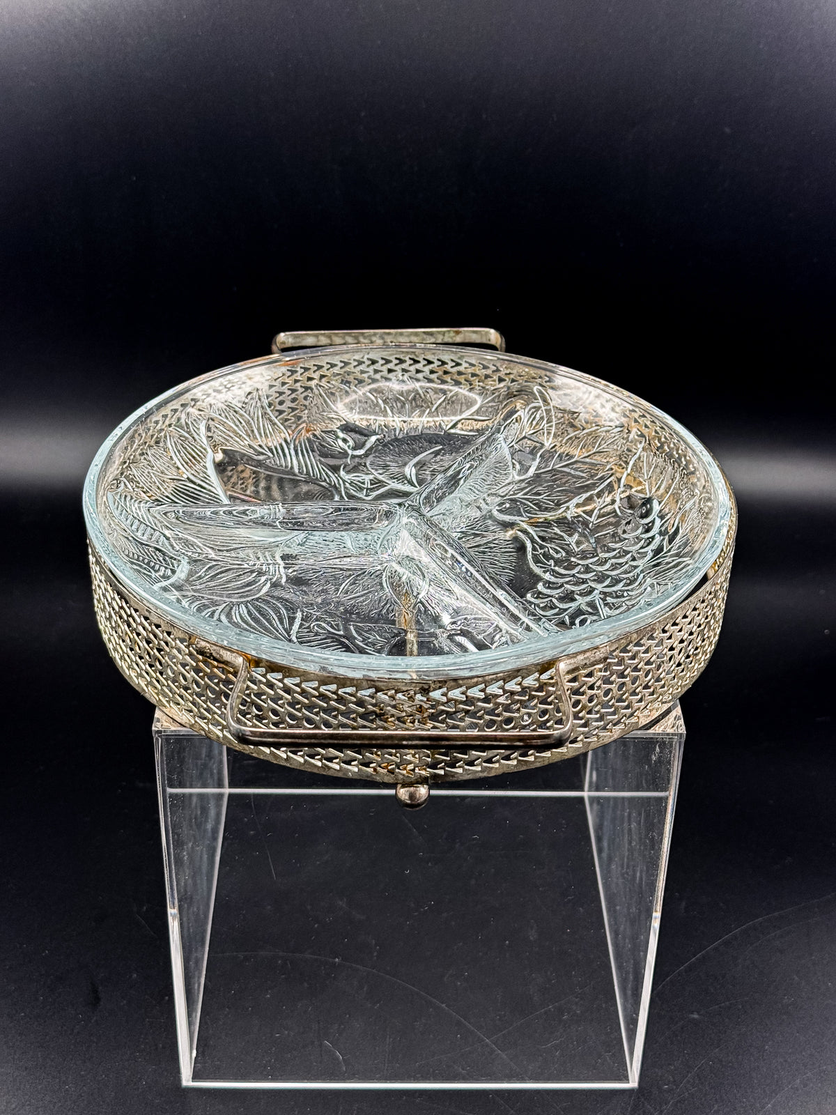 Three-Compartment Glass Relish Dish with Removable Insert and Possibly Silver-Plated Footed Holder with Handles