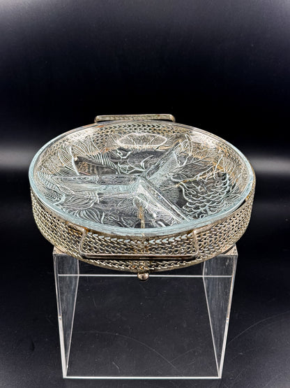 Three-Compartment Glass Relish Dish with Removable Insert and Possibly Silver-Plated Footed Holder with Handles