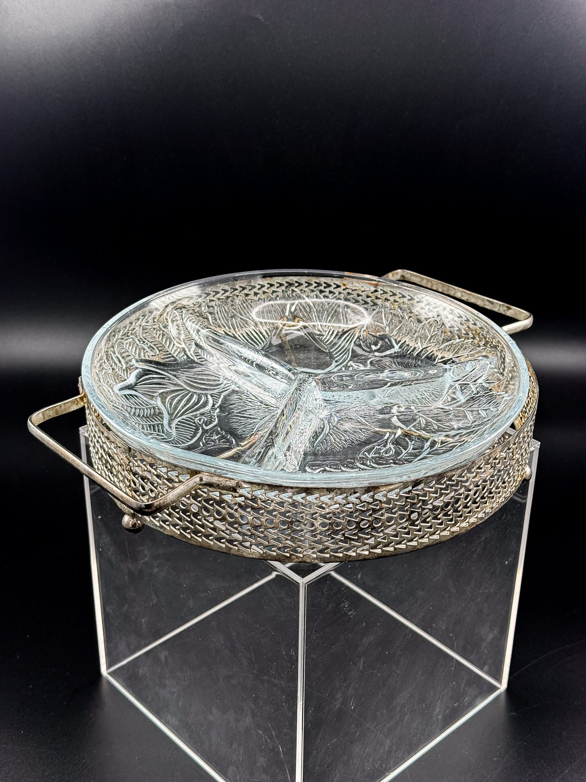 Three-Compartment Glass Relish Dish with Removable Insert and Possibly Silver-Plated Footed Holder with Handles