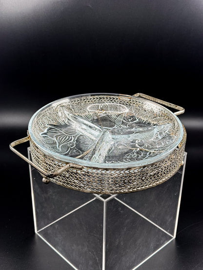 Three-Compartment Glass Relish Dish with Removable Insert and Possibly Silver-Plated Footed Holder with Handles