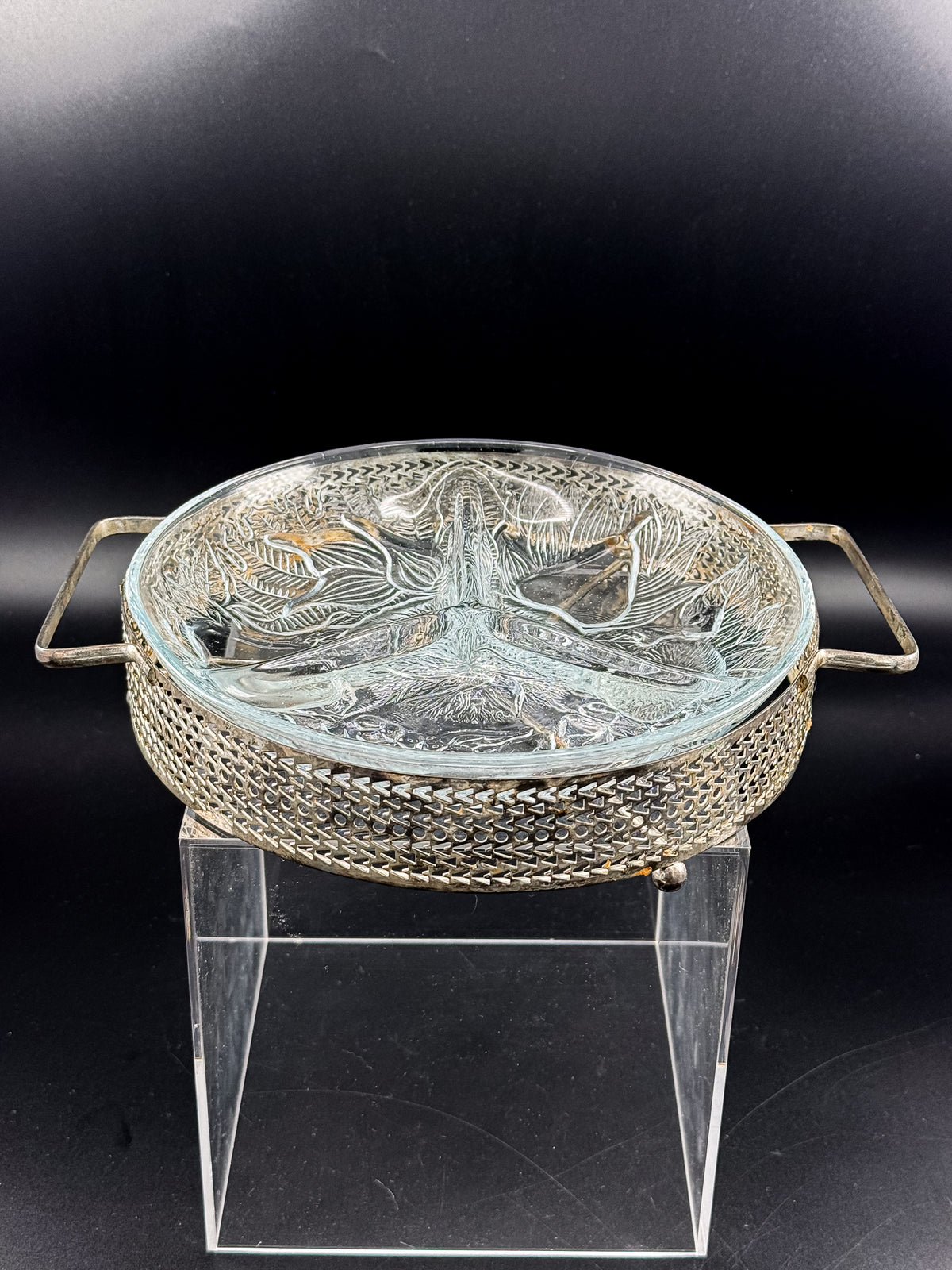 Three-Compartment Glass Relish Dish with Removable Insert and Possibly Silver-Plated Footed Holder with Handles