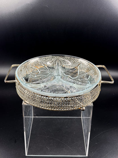 Three-Compartment Glass Relish Dish with Removable Insert and Possibly Silver-Plated Footed Holder with Handles