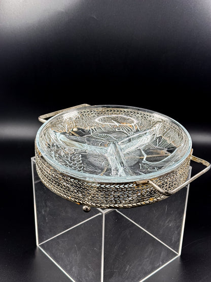 Three-Compartment Glass Relish Dish with Removable Insert and Possibly Silver-Plated Footed Holder with Handles