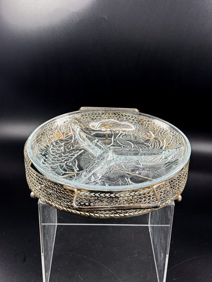 Three-Compartment Glass Relish Dish with Removable Insert and Possibly Silver-Plated Footed Holder with Handles