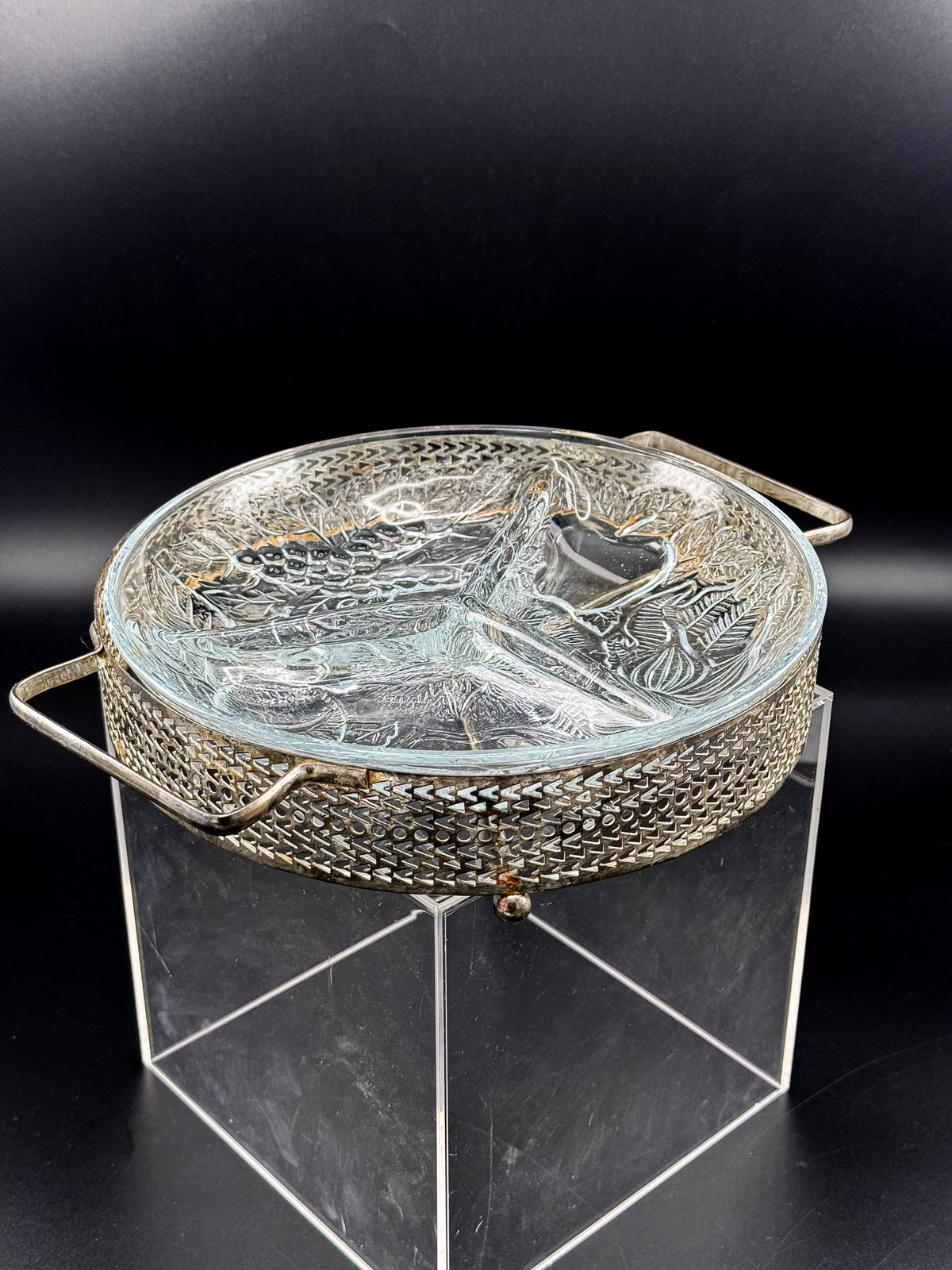 Three-Compartment Glass Relish Dish with Removable Insert and Possibly Silver-Plated Footed Holder with Handles