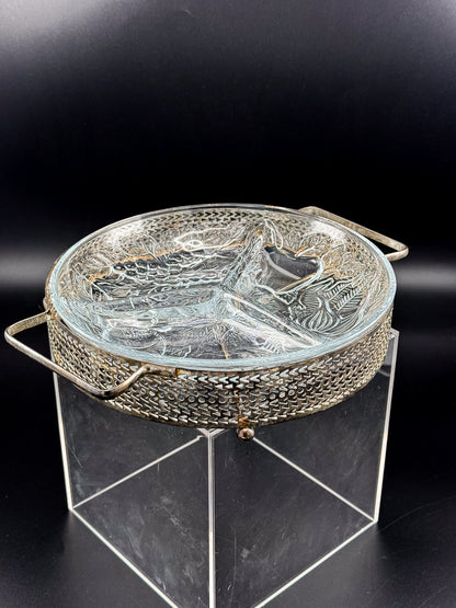 Three-Compartment Glass Relish Dish with Removable Insert and Possibly Silver-Plated Footed Holder with Handles