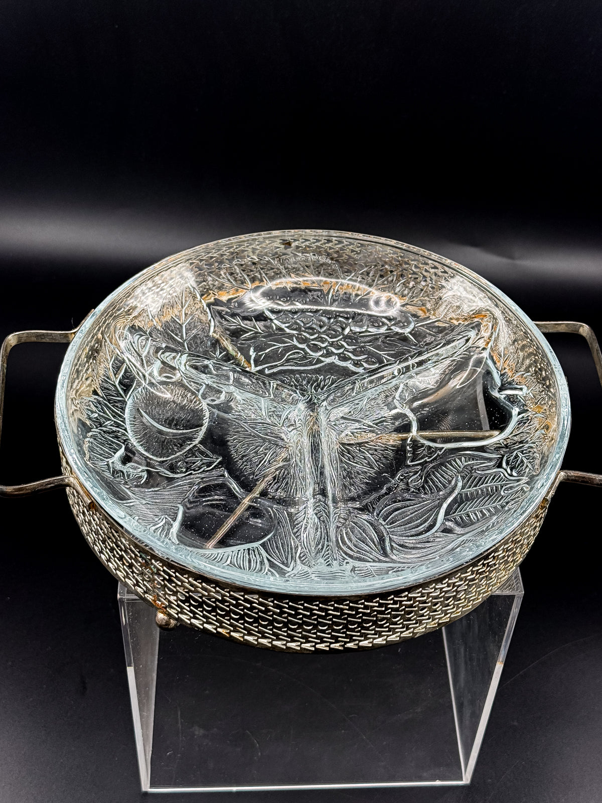 Three-Compartment Glass Relish Dish with Removable Insert and Possibly Silver-Plated Footed Holder with Handles