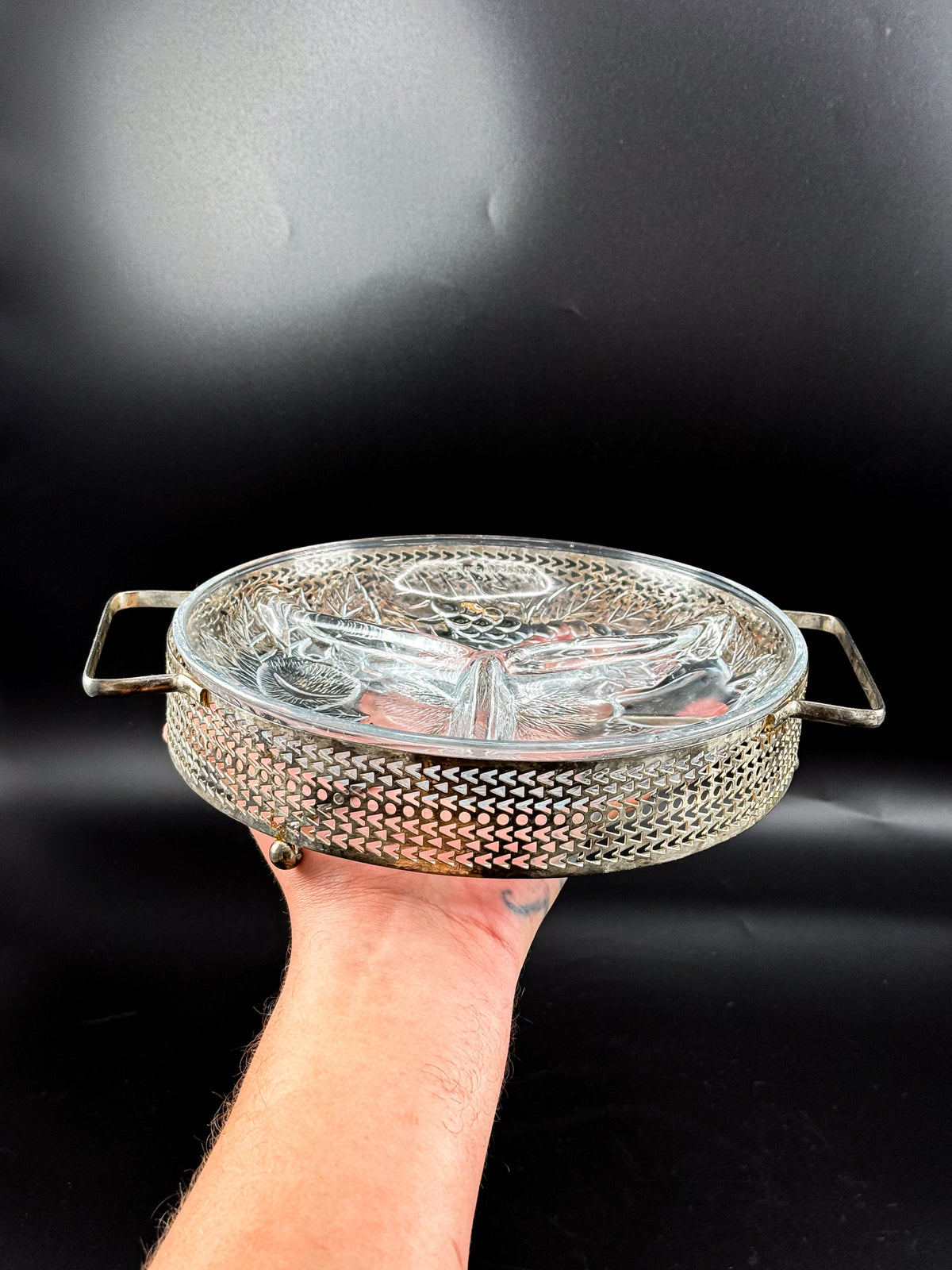 Three-Compartment Glass Relish Dish with Removable Insert and Possibly Silver-Plated Footed Holder with Handles