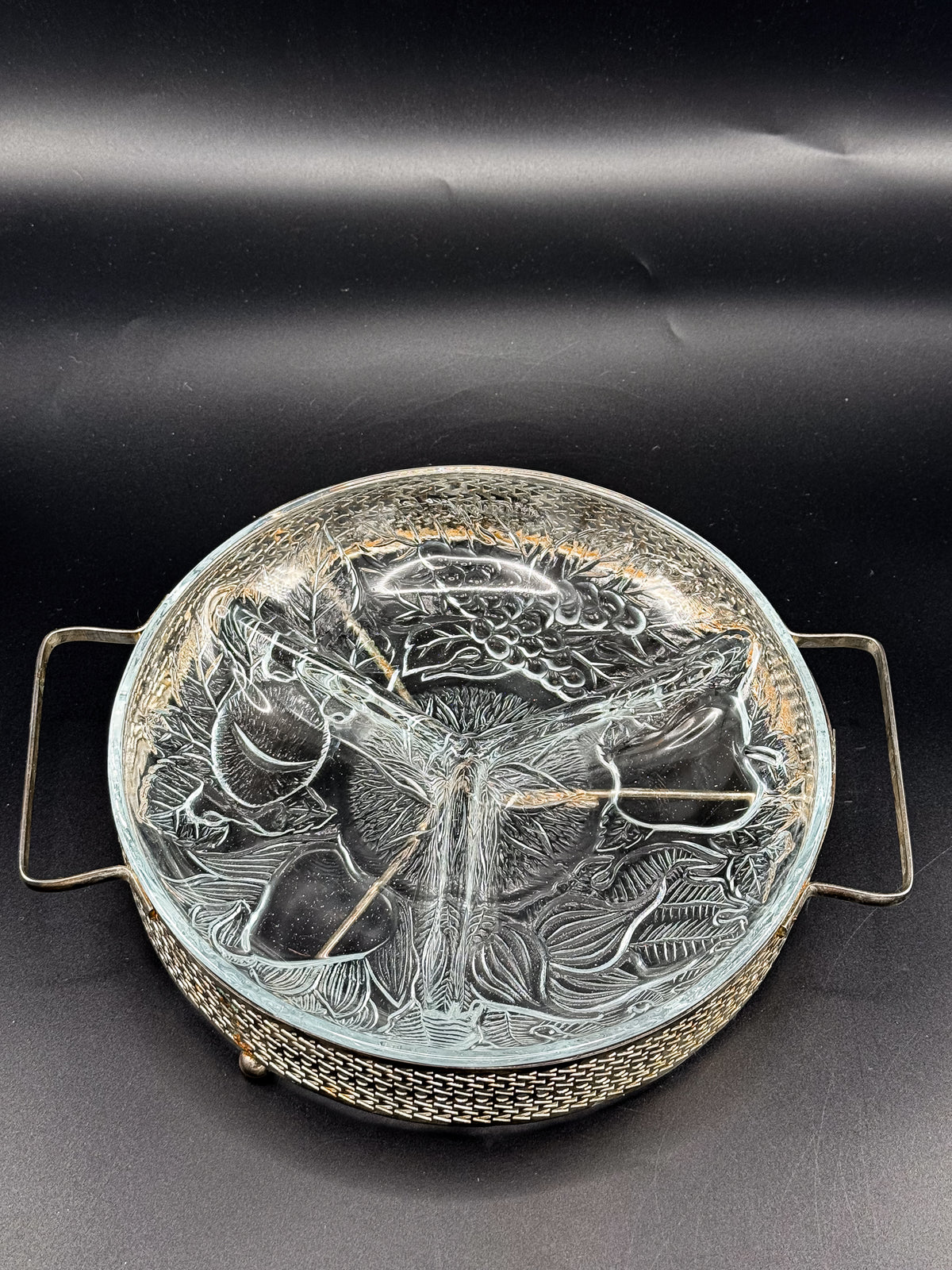 Three-Compartment Glass Relish Dish with Removable Insert and Possibly Silver-Plated Footed Holder with Handles