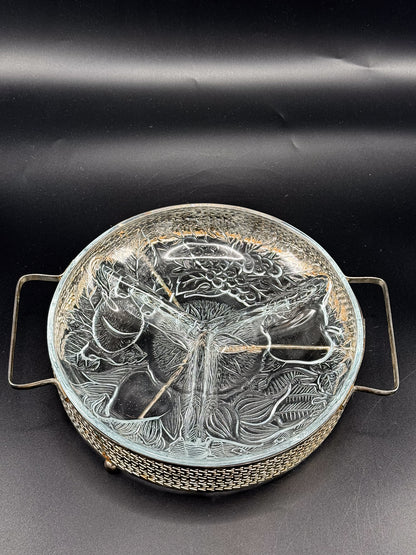 Three-Compartment Glass Relish Dish with Removable Insert and Possibly Silver-Plated Footed Holder with Handles