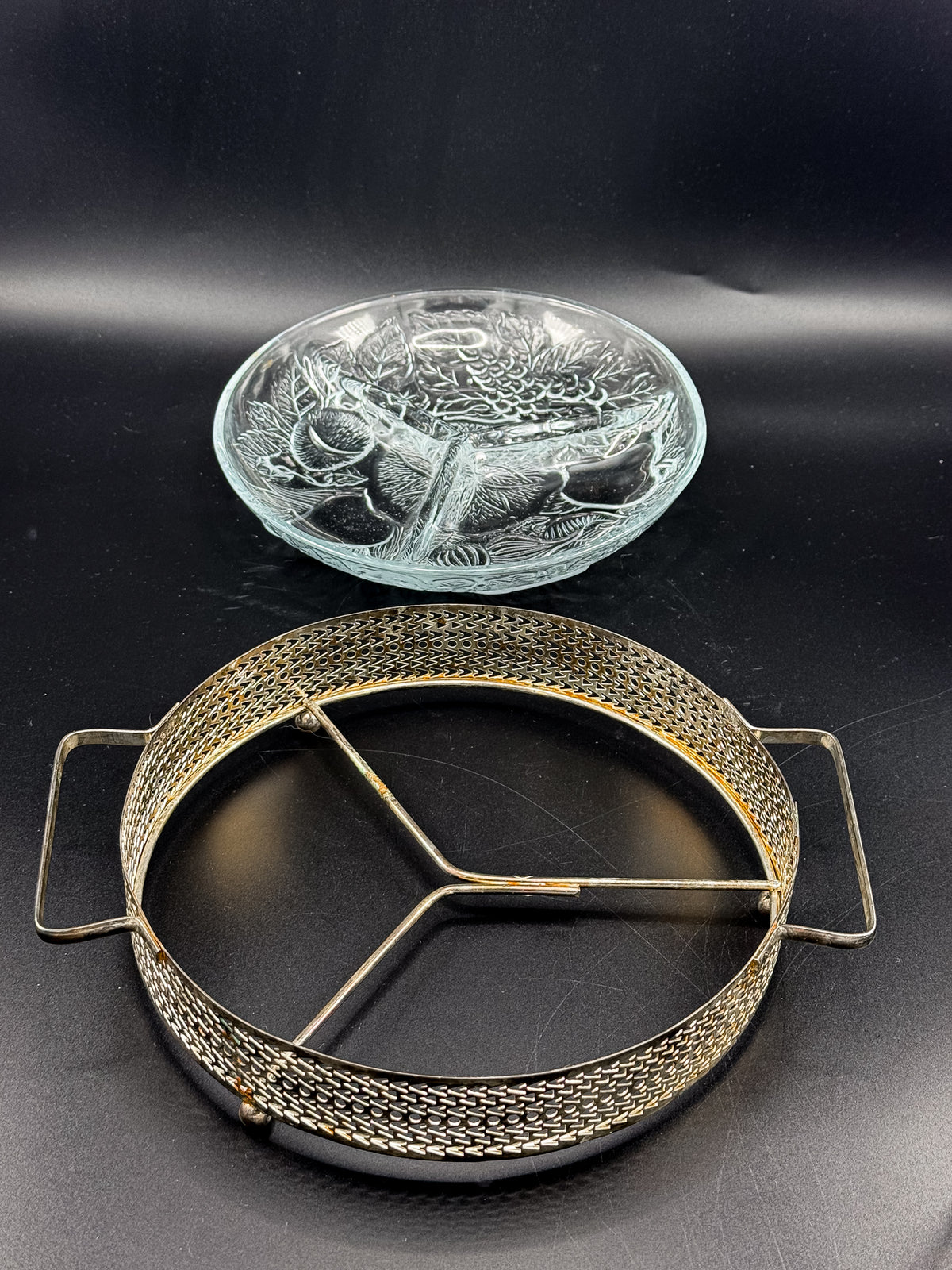 Three-Compartment Glass Relish Dish with Removable Insert and Possibly Silver-Plated Footed Holder with Handles
