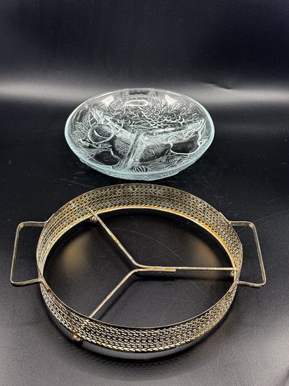 Three-Compartment Glass Relish Dish with Removable Insert and Possibly Silver-Plated Footed Holder with Handles