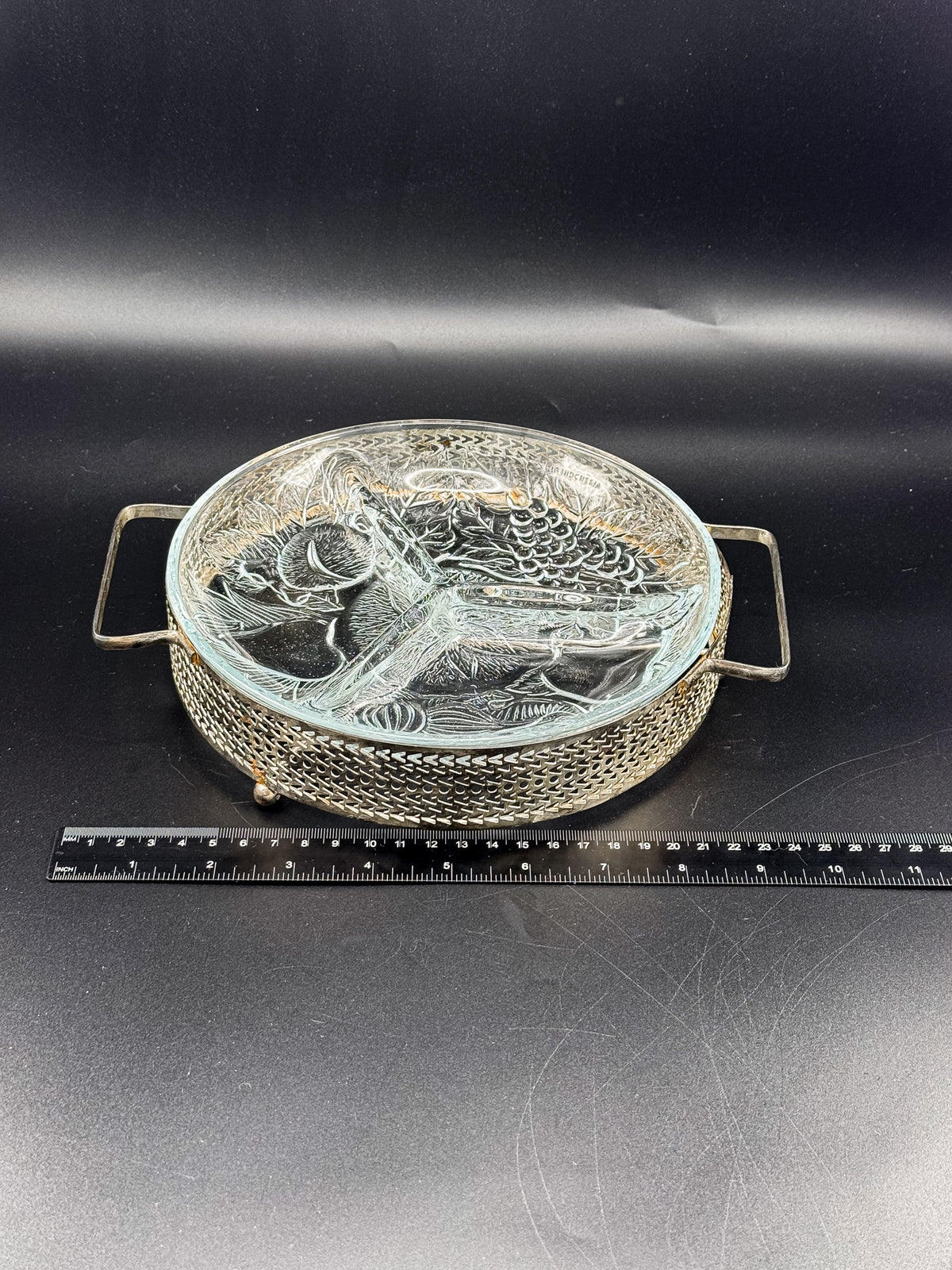 Three-Compartment Glass Relish Dish with Removable Insert and Possibly Silver-Plated Footed Holder with Handles