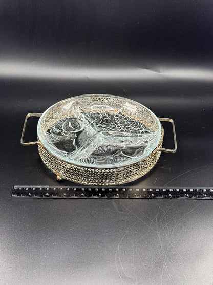 Three-Compartment Glass Relish Dish with Removable Insert and Possibly Silver-Plated Footed Holder with Handles