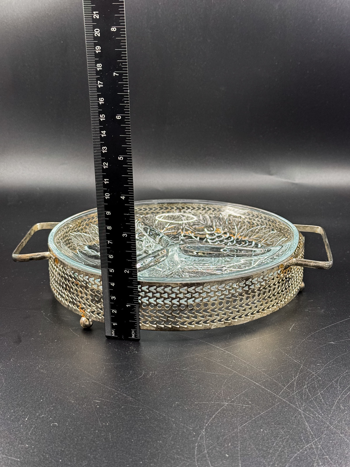 Three-Compartment Glass Relish Dish with Removable Insert and Possibly Silver-Plated Footed Holder with Handles