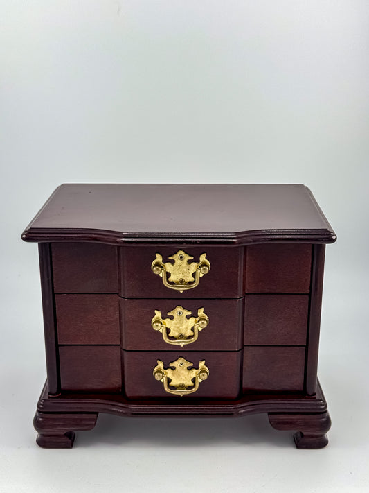 Vintage Dark Wood Jewelry Chest with Mirror, Two Drawers, Salmon Pink Lining and Ornate Gold-Tone Pulls