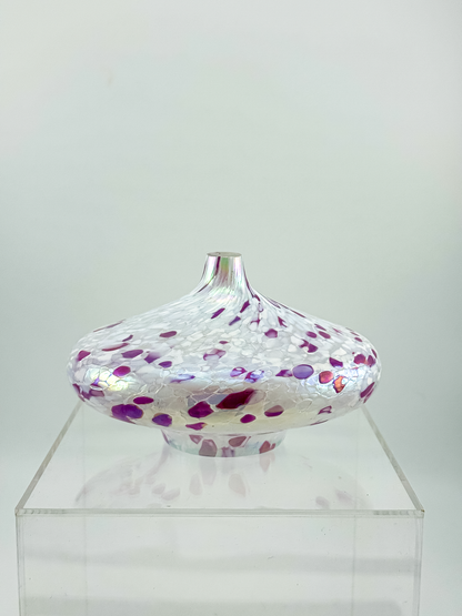 1995 Roger Vines MSH Art Glass Oil Lamp in Iridescent Pink and White with Mount St. Helens Ash, Signed