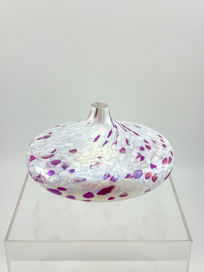 1995 Roger Vines MSH Art Glass Oil Lamp in Iridescent Pink and White with Mount St. Helens Ash, Signed