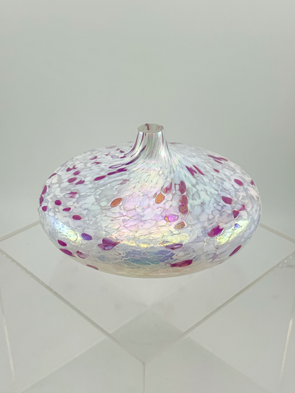 1995 Roger Vines MSH Art Glass Oil Lamp in Iridescent Pink and White with Mount St. Helens Ash, Signed